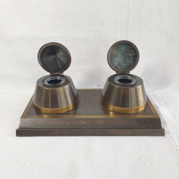 Vintage SilverCrest Decorated Bronze Double Inkwell & Notepad Holder, Art Deco - Picture 3 of 16